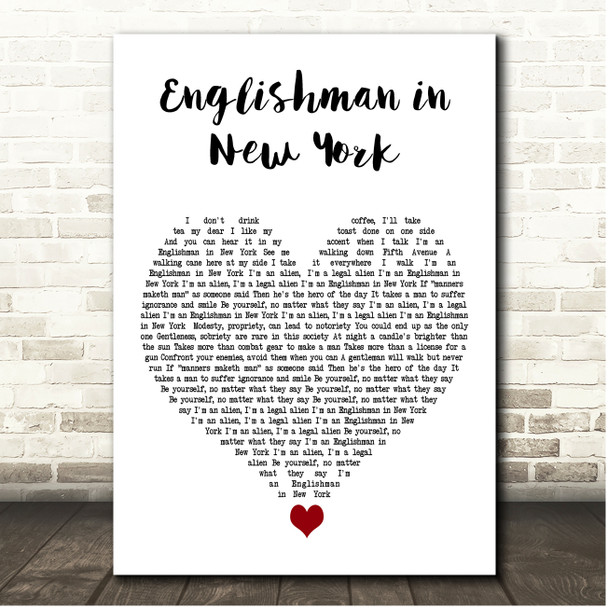 Sting Englishman in New York White Heart Song Lyric Print