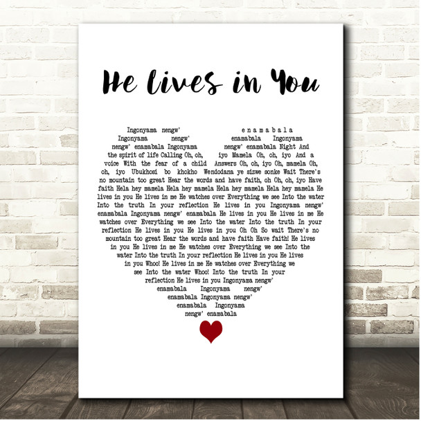 Walt Disney Records He Lives in You White Heart Song Lyric Print