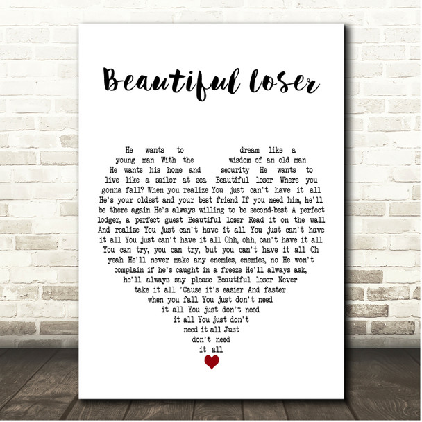 Bob Seger Beautiful Loser White Heart Song Lyric Print