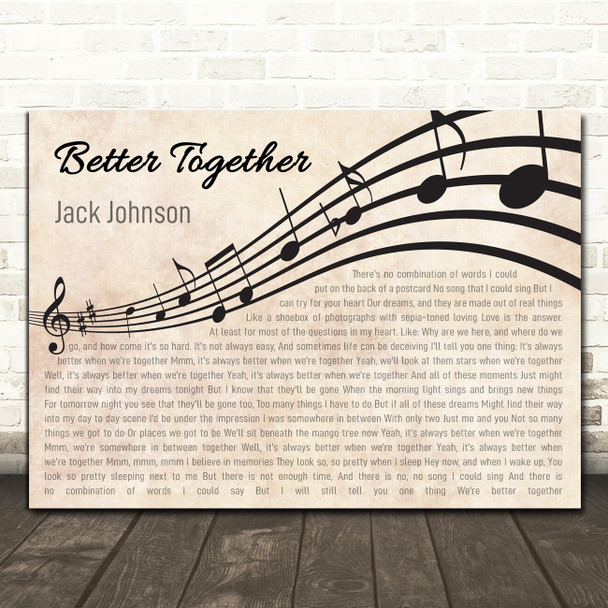 Jack Johnson Better Together Landscape Wavy Music Notes Song Lyric Print