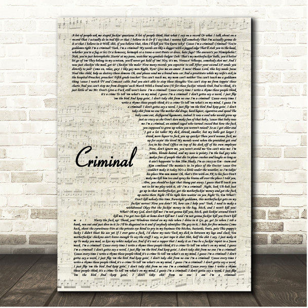 Eminem Criminal Vintage Script Song Lyric Print