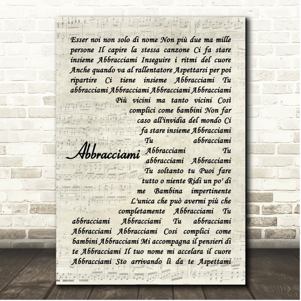 Eros Ramazzotti Abbracciami Vintage Script Song Lyric Print