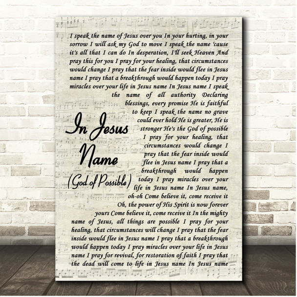 Katy Nichole In Jesus Name (God of Possible) Vintage Script Song Lyric Print