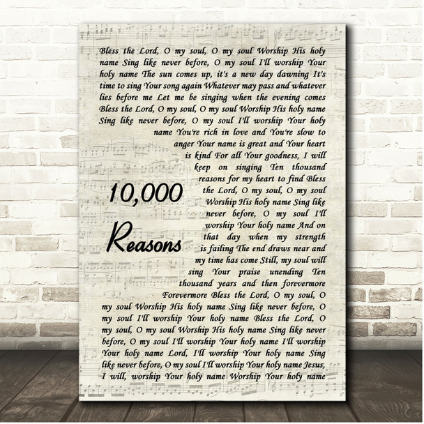 Matt Redman 10,000 Reasons Vintage Script Song Lyric Print