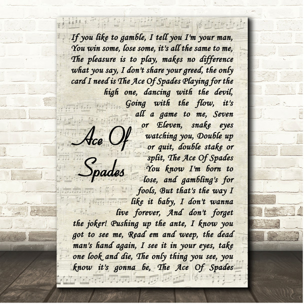 Motorhead Ace Of Spades Vintage Script Song Lyric Print