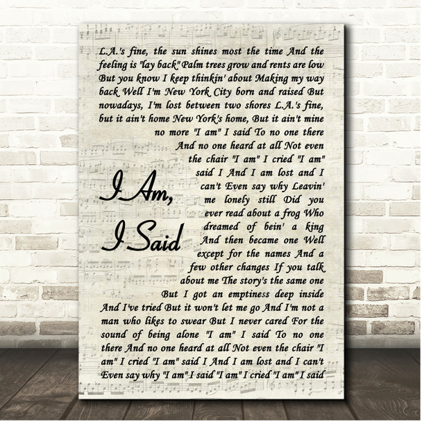 Neil Diamond I Am, I Said Vintage Script Song Lyric Print