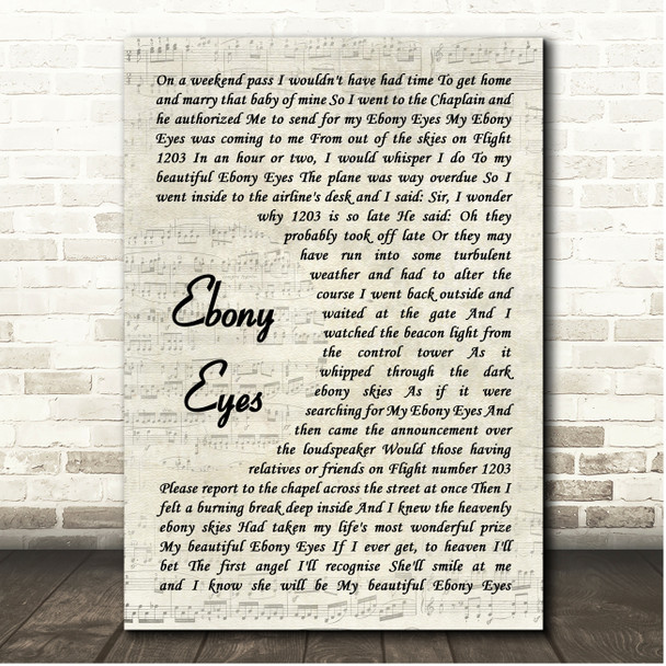 The Everly Brothers Ebony Eyes Vintage Script Song Lyric Print
