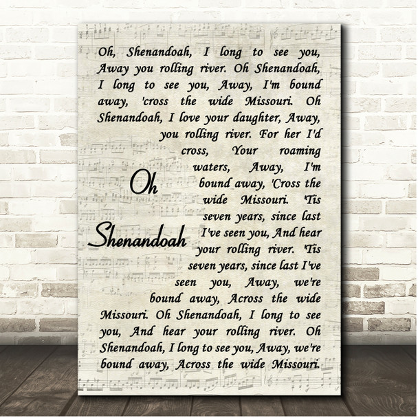 The Texas tenors Oh Shenandoah Vintage Script Song Lyric Print