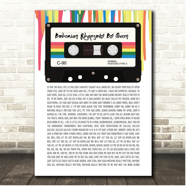 Queen Bohemian Rhapsody 80's Retro Cassette Paint Drip Song Lyric Print