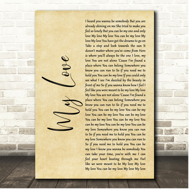 Cher My Love Rustic Script Song Lyric Print