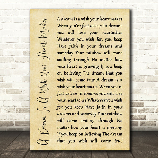 Cinderella A Dream Is A Wish Your Heart Makes Rustic Script Song Lyric Print