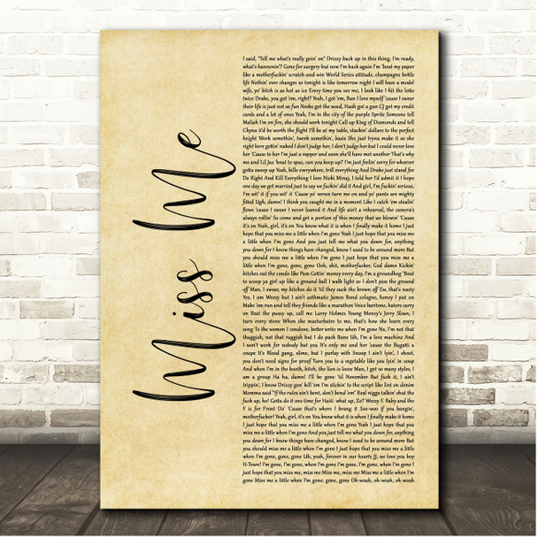 Drake Miss Me Rustic Script Song Lyric Print