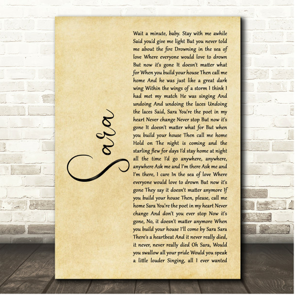 Fleetwood Mac Sara Rustic Script Song Lyric Print