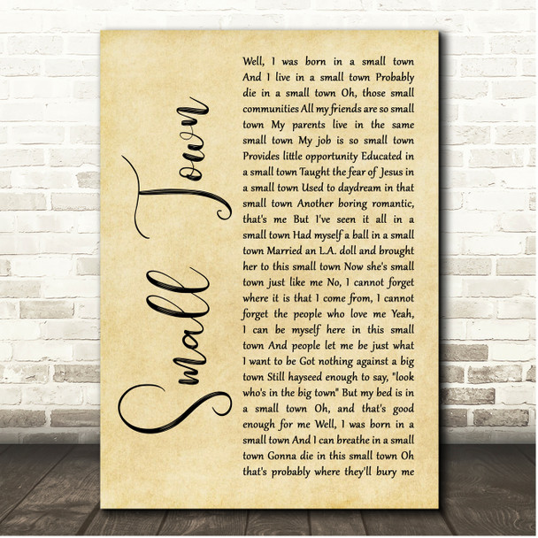 John Mellencamp Small Town Rustic Script Song Lyric Print