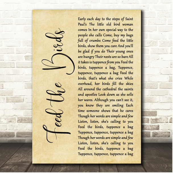 Julie Andrews Mary Poppins Feed the Birds Rustic Script Song Lyric Print