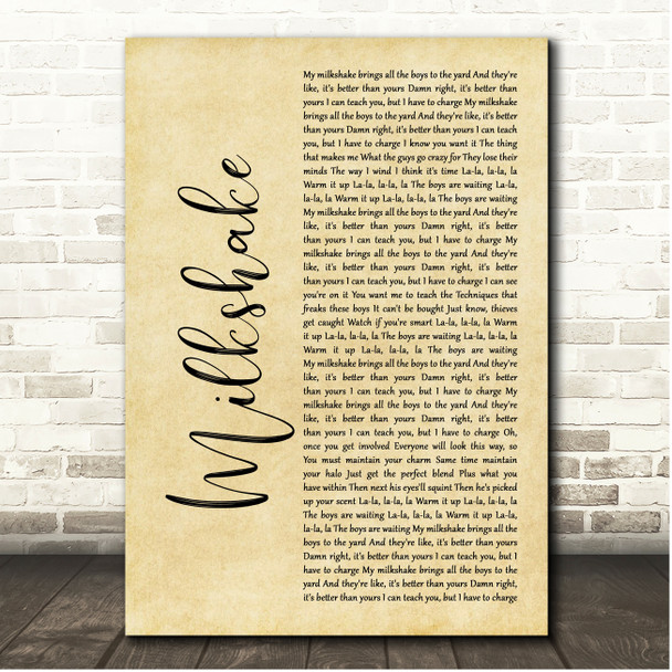 Kelis Milkshake Rustic Script Song Lyric Print