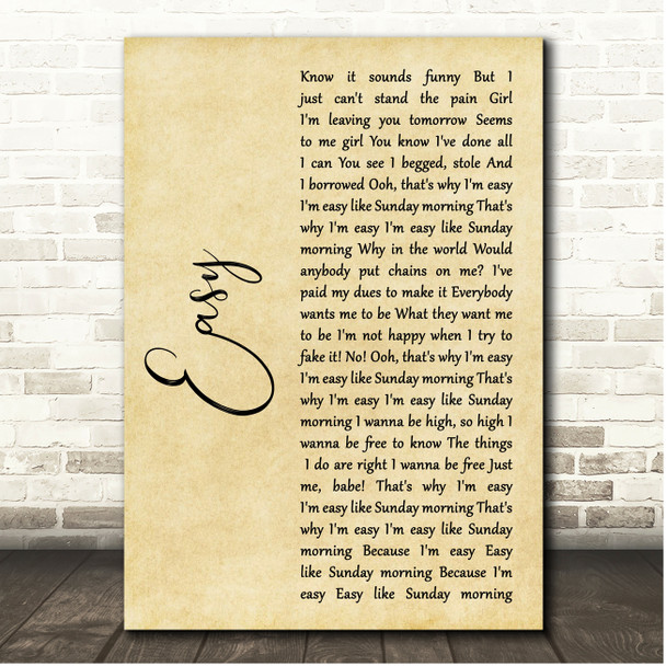 Lionel Richie Easy Rustic Script Song Lyric Print