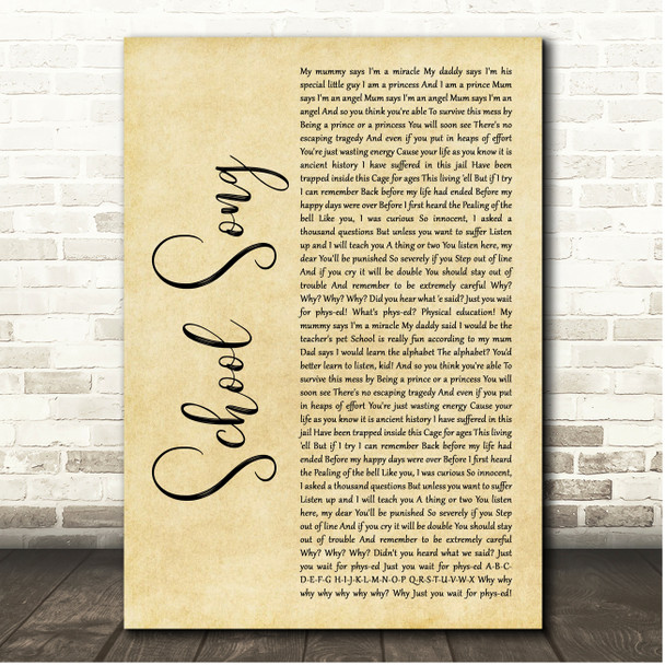 Matilda the Musical School Song Rustic Script Song Lyric Print