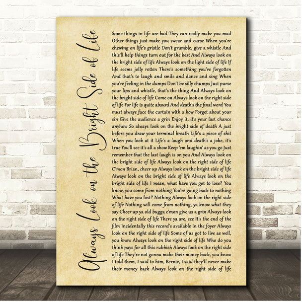 Monty Python Always Look on the Bright Side of Life Rustic Script Song Lyric Print