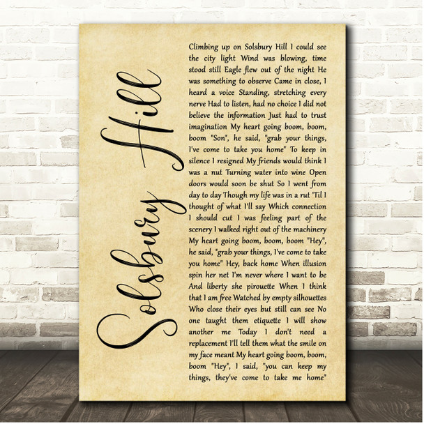 Peter Gabriel Solsbury Hill Rustic Script Song Lyric Print