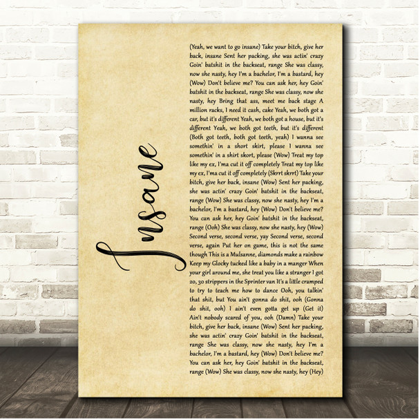 Post Malone Insane Rustic Script Song Lyric Print