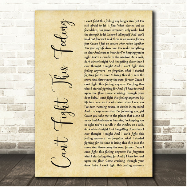 REO Speedwagon Can't Fight This Feeling Rustic Script Song Lyric Print