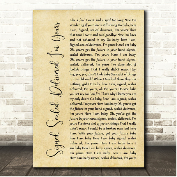 Stevie Wonder Signed, Sealed, Delivered I'm Yours Rustic Script Song Lyric Print