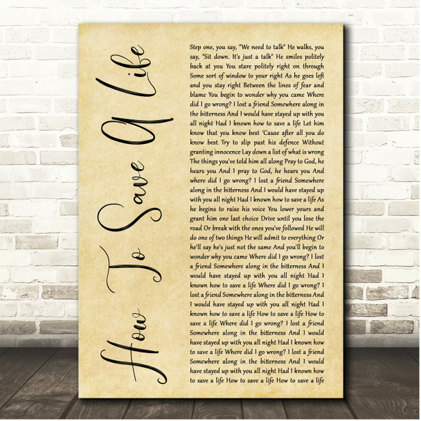 The Fray How To Save A Life Rustic Script Song Lyric Print