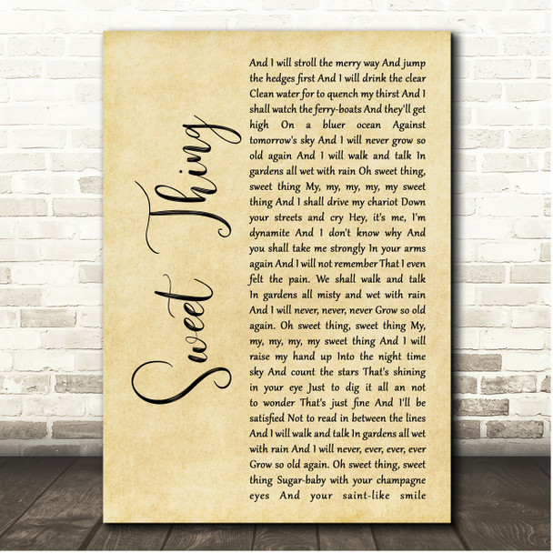 Van Morrison Sweet Thing Rustic Script Song Lyric Print