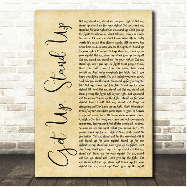 Bob Marley Get Up, Stand Up Rustic Script Song Lyric Print