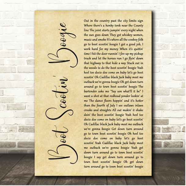 Brooks & Dunn Boot Scootin' Boogie Rustic Script Song Lyric Print