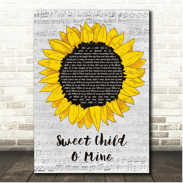 Guns N' Roses Sweet Child O' Mine Script Sunflower Song Lyric Print