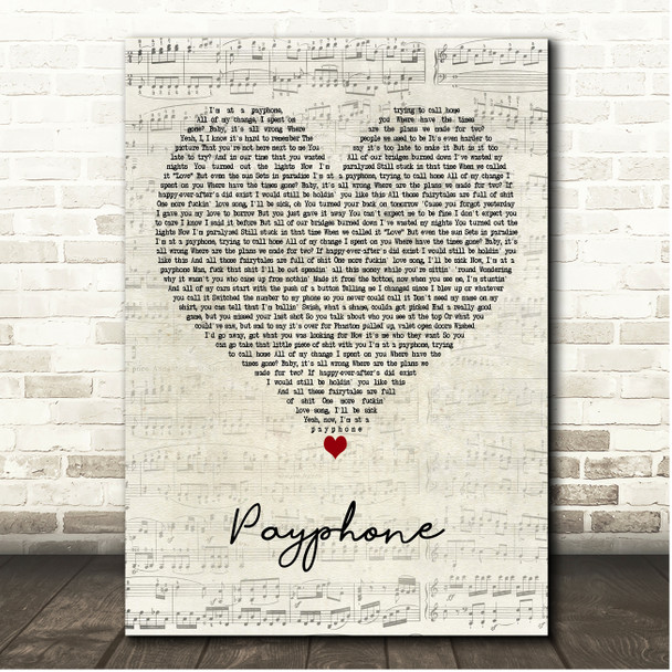 Maroon 5 Payphone Script Heart Song Lyric Print