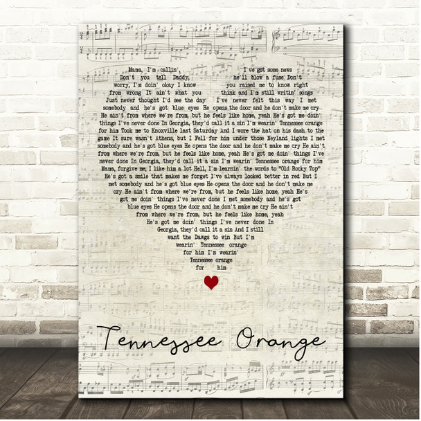 Megan Moroney Tennessee Orange Script Heart Song Lyric Print
