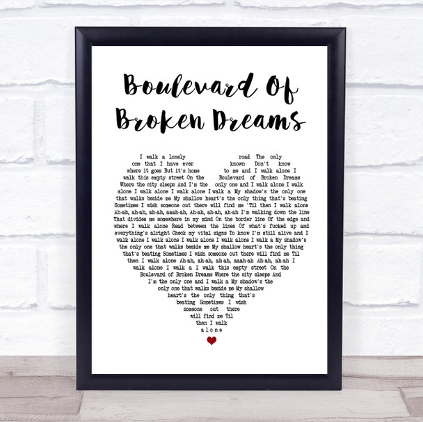 Green Day Boulevard Of Broken Dreams White Heart Song Lyric Music Wall Art Print