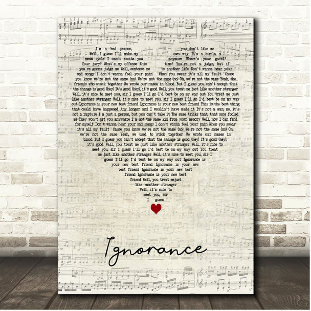 Paramore Ignorance Script Heart Song Lyric Print