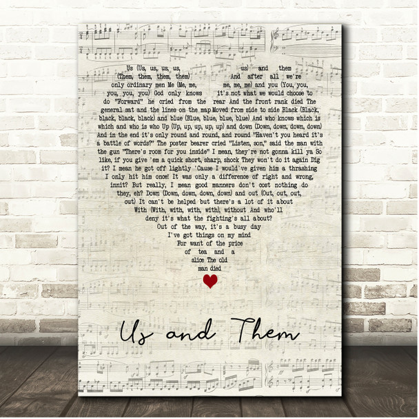 Pink Floyd Us and Them Script Heart Song Lyric Print