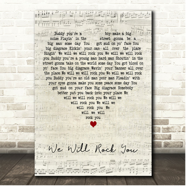 Queen We Will Rock You Script Heart Song Lyric Print