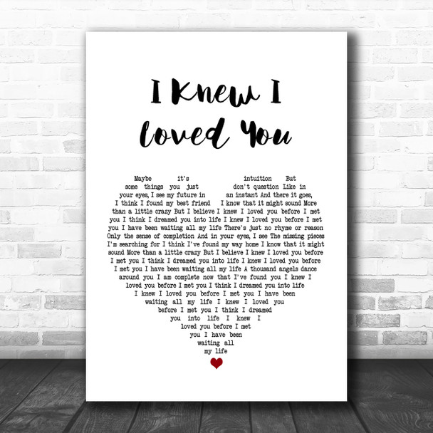 Savage Garden I Knew I Loved You White Heart Song Lyric Music Wall Art Print