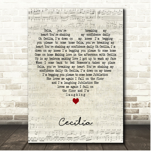 Simon & Garfunkel Cecilia Script Heart Song Lyric Print