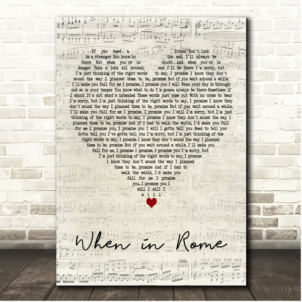 The Promise When in Rome Script Heart Song Lyric Print