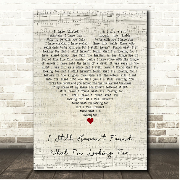 U2 I Still Haven't Found What I'm Looking For Script Heart Song Lyric Print