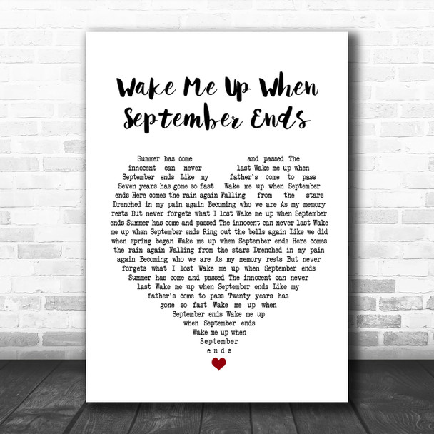 Green Day Wake Me Up When September Ends White Heart Song Lyric Music Wall Art Print