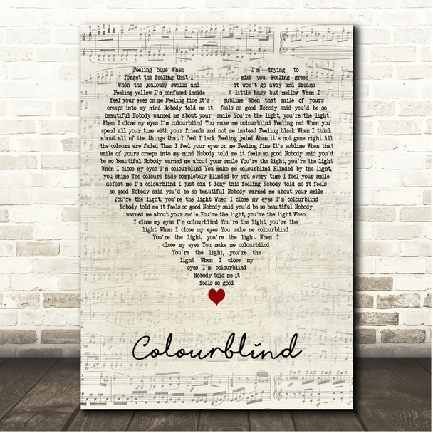 Darius Campbell Colourblind Script Heart Song Lyric Print