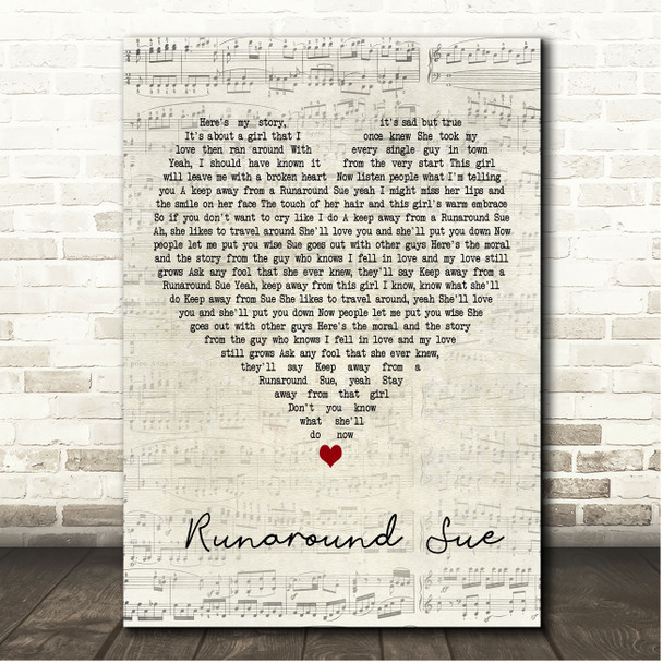 Dioin Runaround Sue Script Heart Song Lyric Print