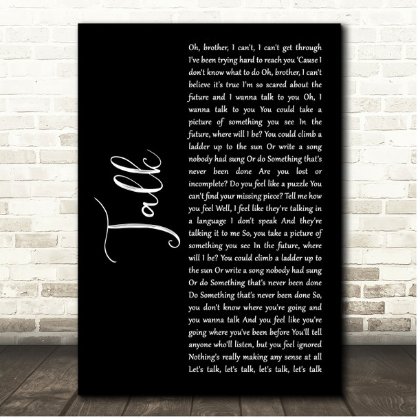 Coldplay Talk Black Script Song Lyric Print