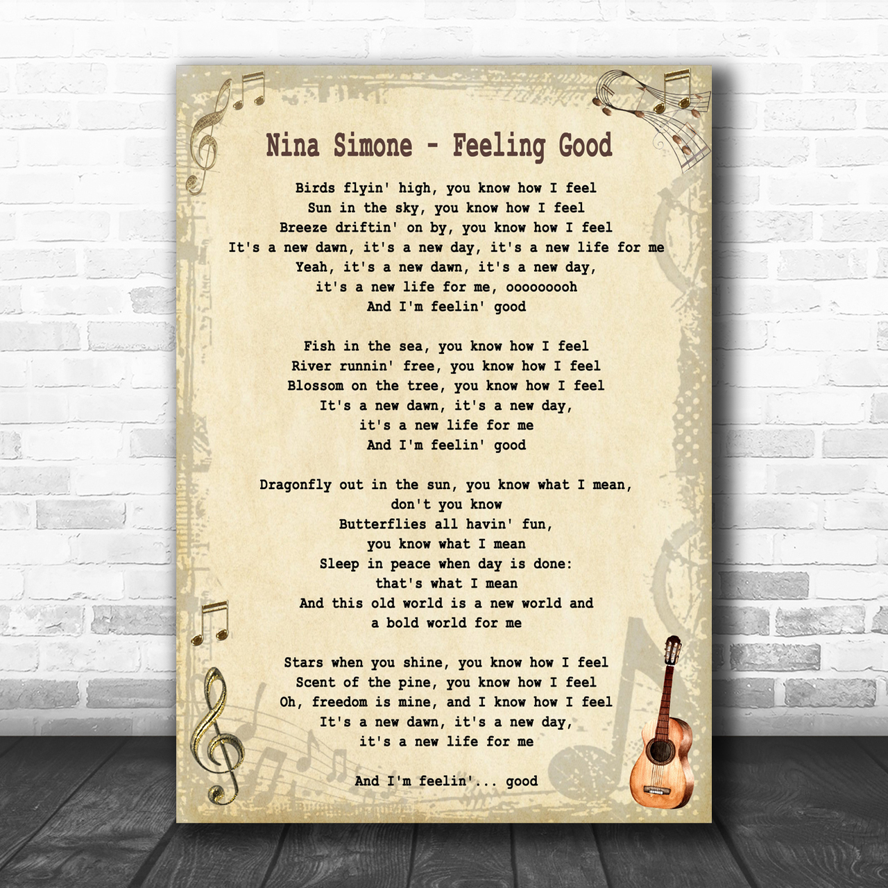 Nina Simone Feeling Good Song Lyric Guitar Music Wall Art Print Song Lyric Designs