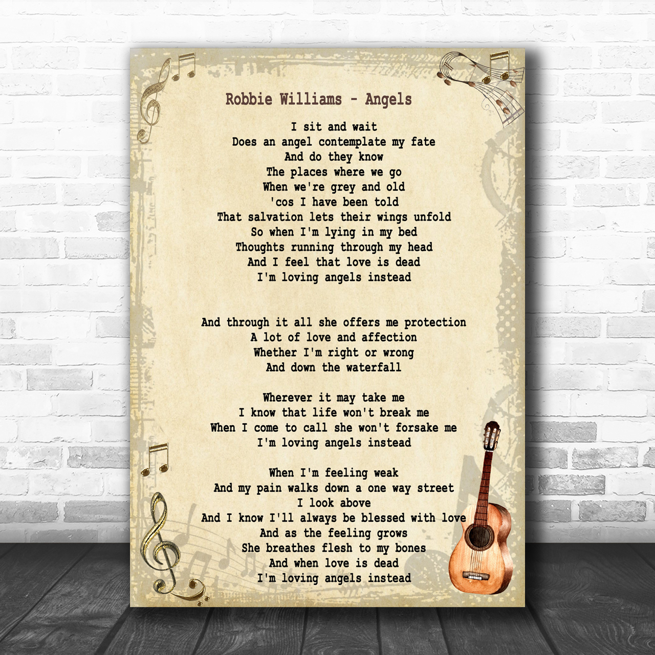 Robbie Williams Angels Song Lyric Vintage Music Wall Art Print Song Lyric Designs
