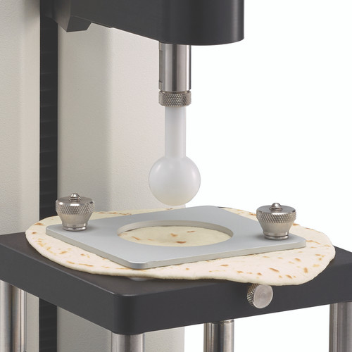 Dough Extensibility Fixture for holding sheet of raw dough or flat bread to measure breaking point of stretched sample.