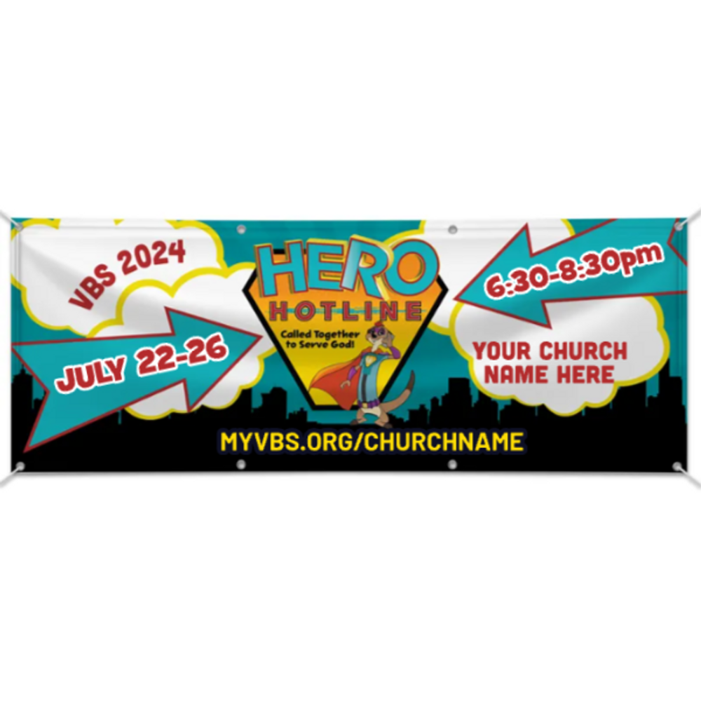 Easy Custom Outdoor Vinyl Banner - Personalize in Real Time - Hero Hotline VBS - BHER0031